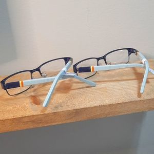 Lot of TWO Rx'able kid Eyeglass Frames, metal/plastic blue glasses, twins school